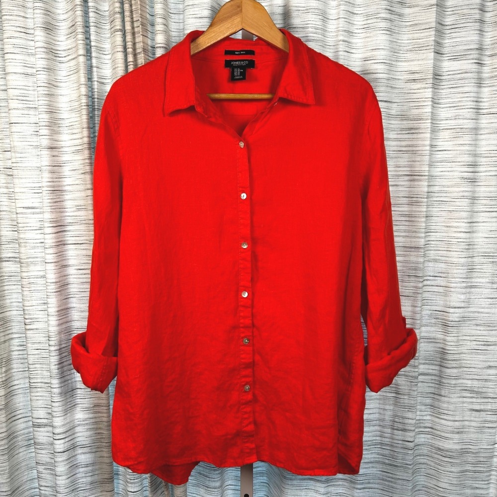 Jones & Co Button Down Red Womens XL 100% Linen Rollโ Tab Sleeve EUC